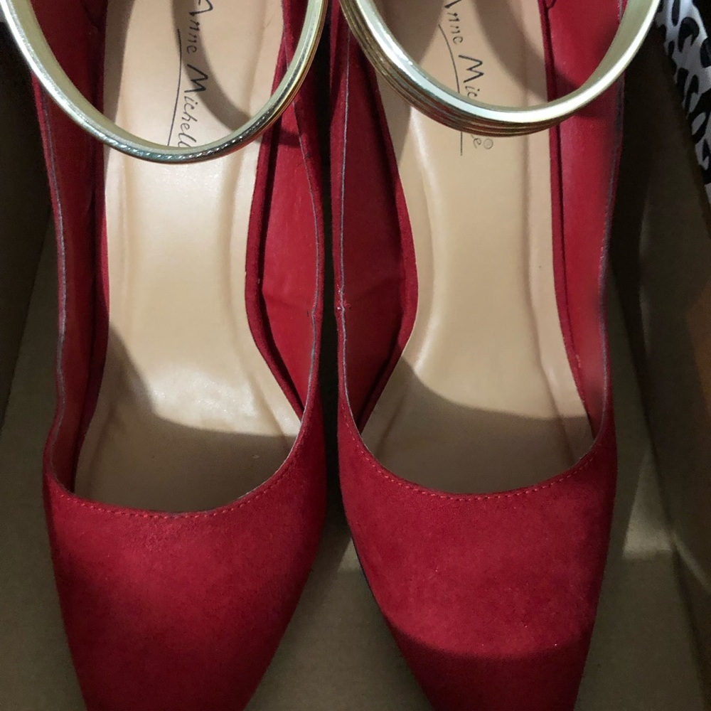 Anne Michelle Red Suede Pointed-Toe Ankle Strap Heels